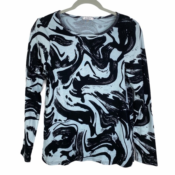 Avon Swirl‎ Print Crew Neck Tee Women's Medium Blue Black Cotton Long Sleeve - Picture 6 of 8